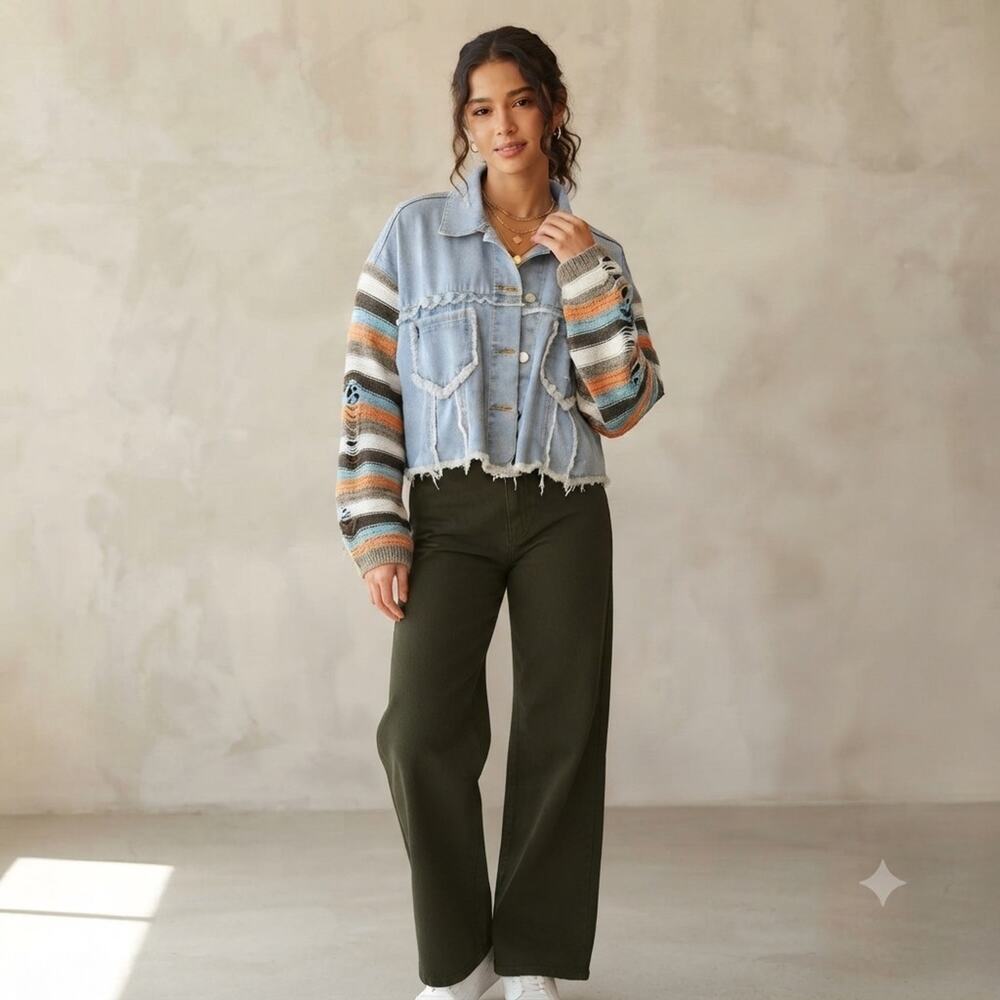 POL Oversized Distressed Denim Jacket S Crochet Stripe Sleeve Cropped Boho Baggy